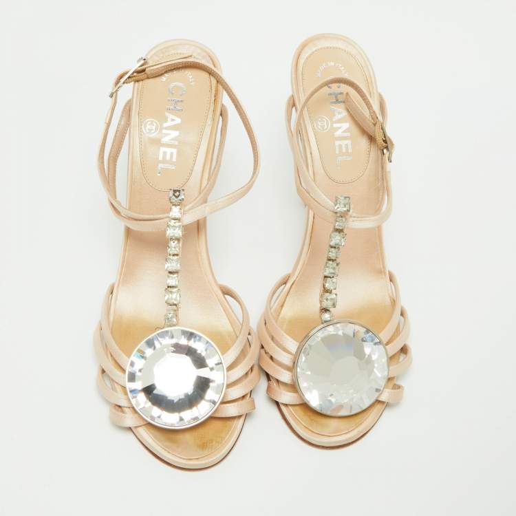 Pre Owned Chanel  Beige Satin Crystal Embellished Slingback Sandals Size 39.5