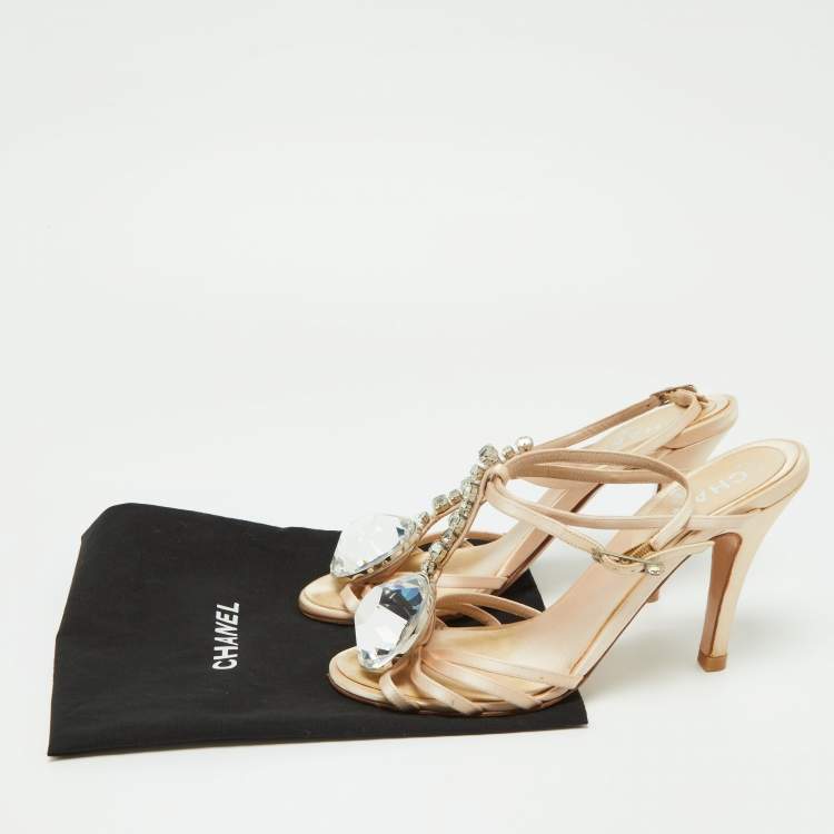 Pre Owned Chanel  Beige Satin Crystal Embellished Slingback Sandals Size 39.5