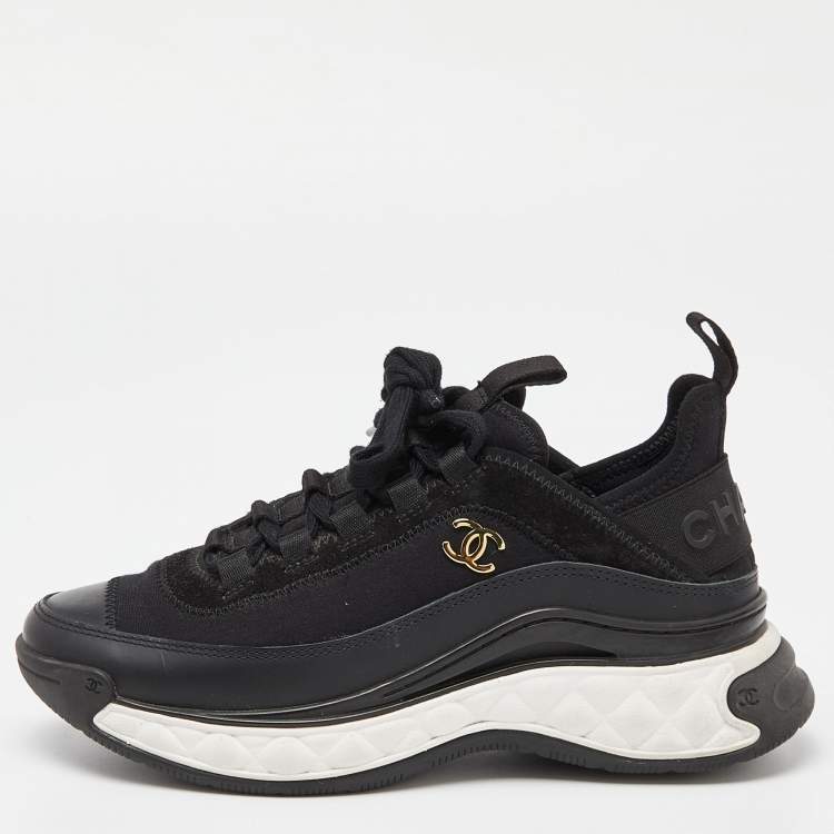 Chanel Black Leather, Fabric and Suede CC Lace Up Sneakers Size