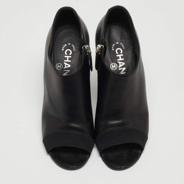 Pre Owned Chanel Black Leather Faux Pearl Open Toe Ankle Booties Size 35.5