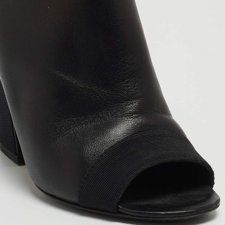 Pre Owned Chanel Black Leather Faux Pearl Open Toe Ankle Booties Size 35.5