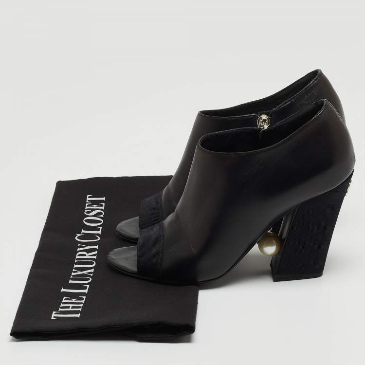 Pre Owned Chanel Black Leather Faux Pearl Open Toe Ankle Booties Size 35.5