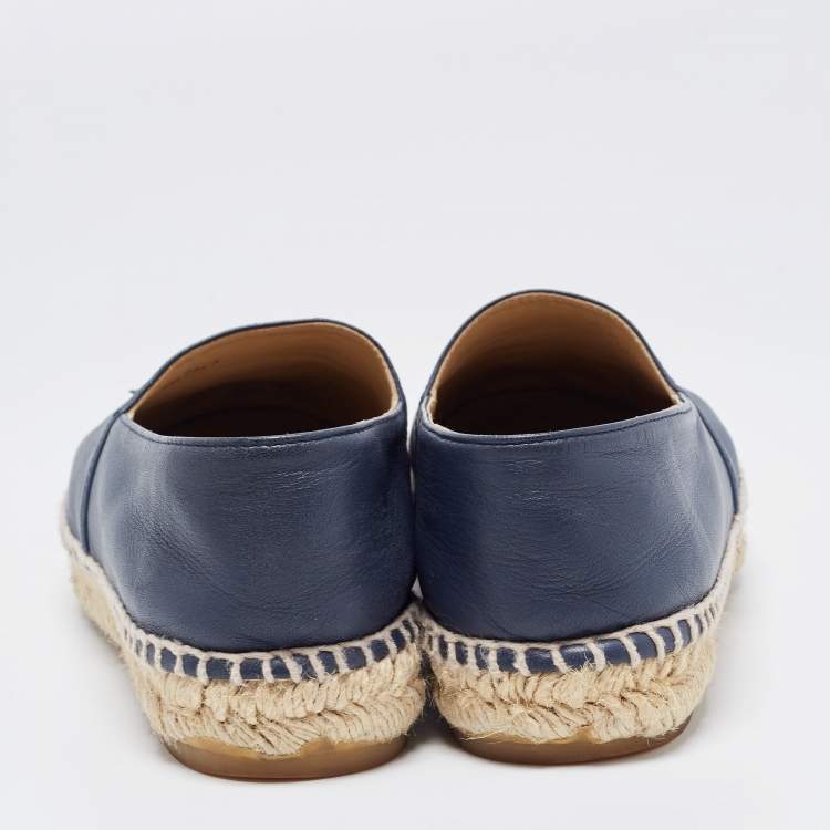 Pre Owned Chanel Navy Blue Leather CC Espadrille Flats Size 37
