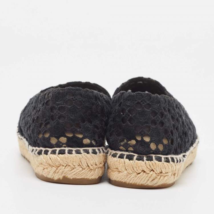 Pre Owned Chanel Black Lace and Patent Leather CC Espadrille Flats Size 37
