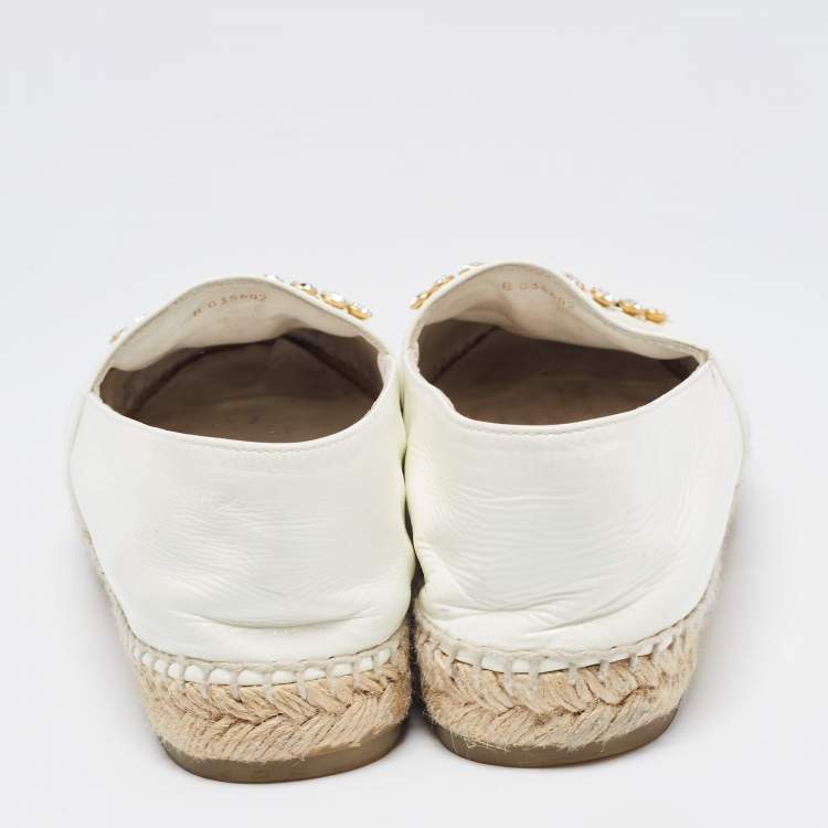 Pre Owned Chanel White//Black Patent Leather Crystal Embellished CC Espadrille Flats Size 40
