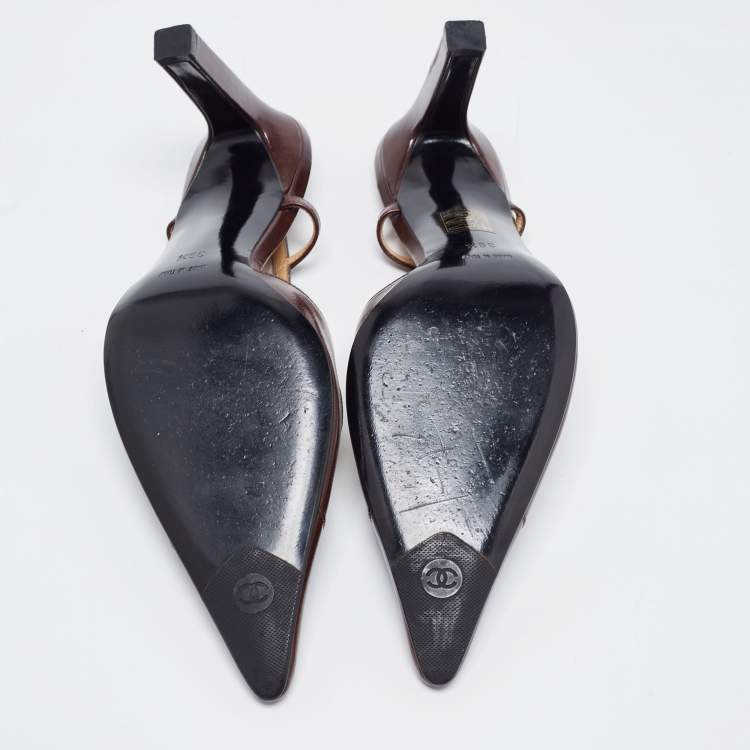 Pre Owned Chanel Brown Leather CC Slingback Pumps Size 39.5