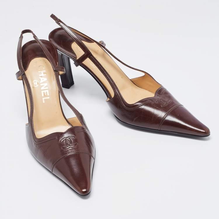 Pre Owned Chanel Brown Leather CC Slingback Pumps Size 39.5