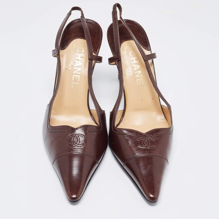 Pre Owned Chanel Brown Leather CC Slingback Pumps Size 39.5