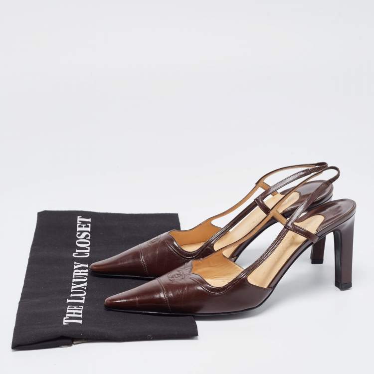 Pre Owned Chanel Brown Leather CC Slingback Pumps Size 39.5