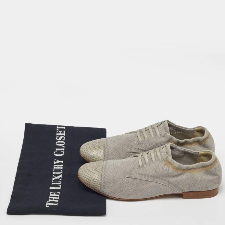 Pre Owned Chanel Grey Canvas and CC Snakeskin Cap Toe Slip On Derby Size 36