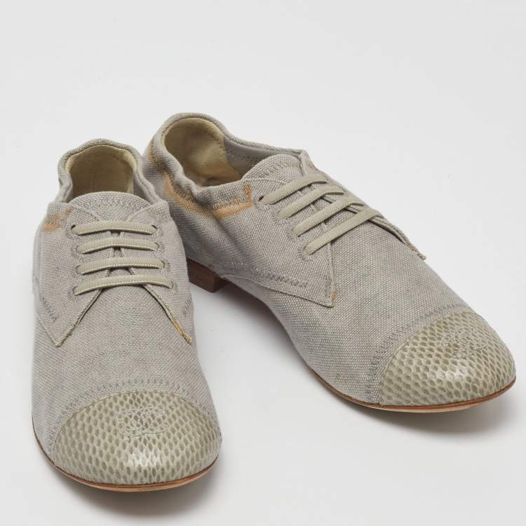 Pre Owned Chanel Grey Canvas and CC Snakeskin Cap Toe Slip On Derby Size 36
