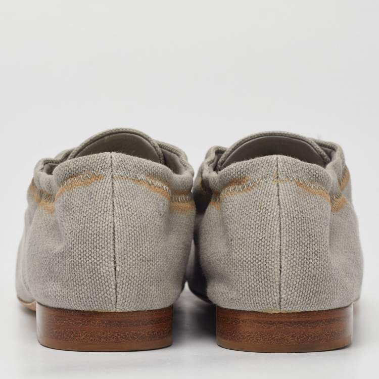 Pre Owned Chanel Grey Canvas and CC Snakeskin Cap Toe Slip On Derby Size 36