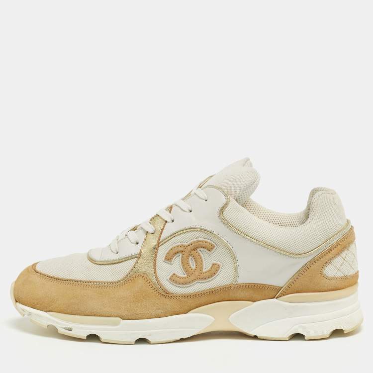 Chanel White/Beige Suede and Canvas CC Low Top Sneakers Size 41