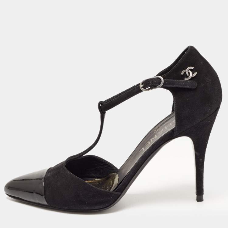 Pre Owned Chanel Black Suede and Patent Cap Toe CC T-Strap Pumps Size 39.5