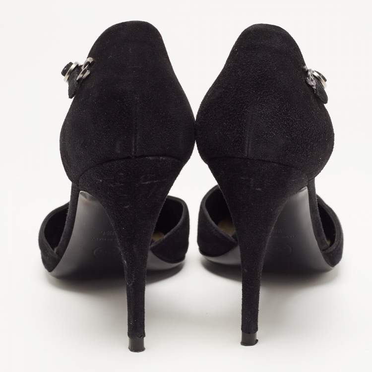 Pre Owned Chanel Black Suede and Patent Cap Toe CC T-Strap Pumps Size 39.5