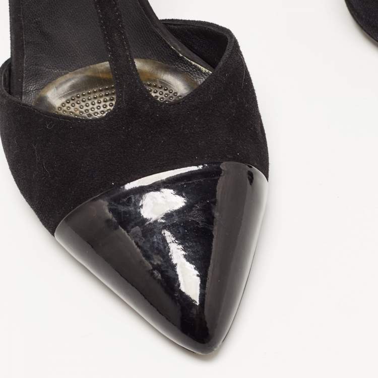 Pre Owned Chanel Black Suede and Patent Cap Toe CC T-Strap Pumps Size 39.5
