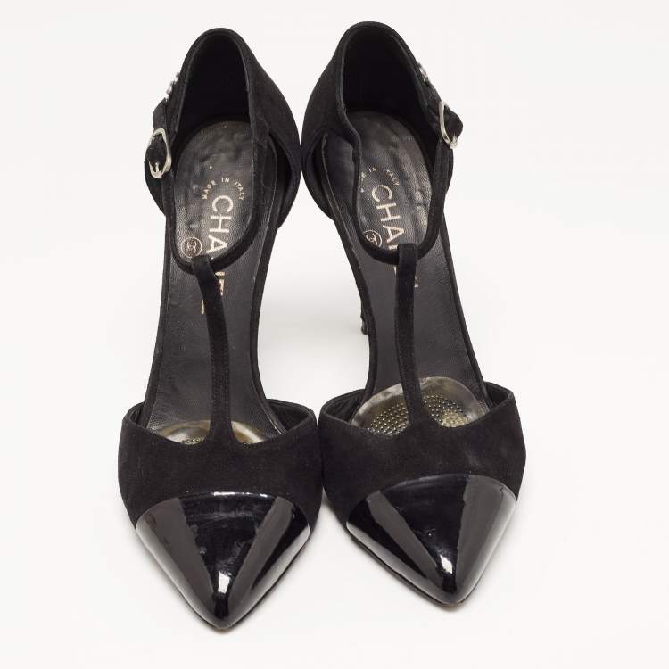 Pre Owned Chanel Black Suede and Patent Cap Toe CC T-Strap Pumps Size 39.5