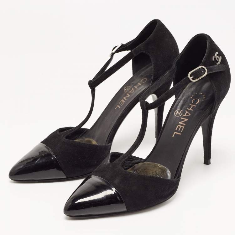 Pre Owned Chanel Black Suede and Patent Cap Toe CC T-Strap Pumps Size 39.5