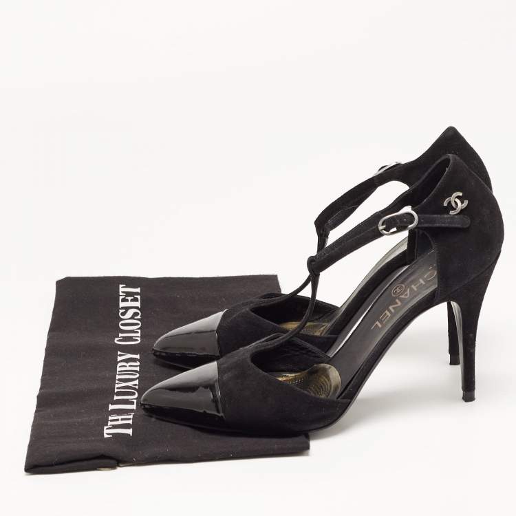 Pre Owned Chanel Black Suede and Patent Cap Toe CC T-Strap Pumps Size 39.5