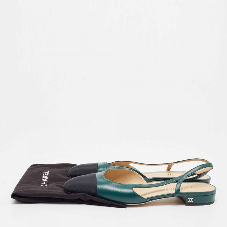 Pre Owned Chanel Green/Black Leather and Fabric Cap Toe CC D'osray Slingback Flats Size 41