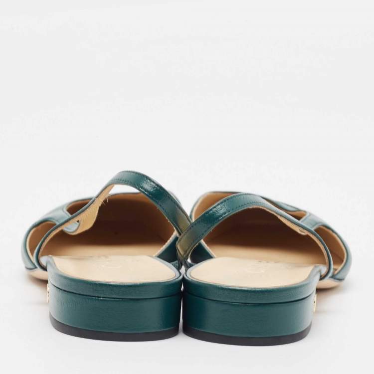 Pre Owned Chanel Green/Black Leather and Fabric Cap Toe CC D'osray Slingback Flats Size 41