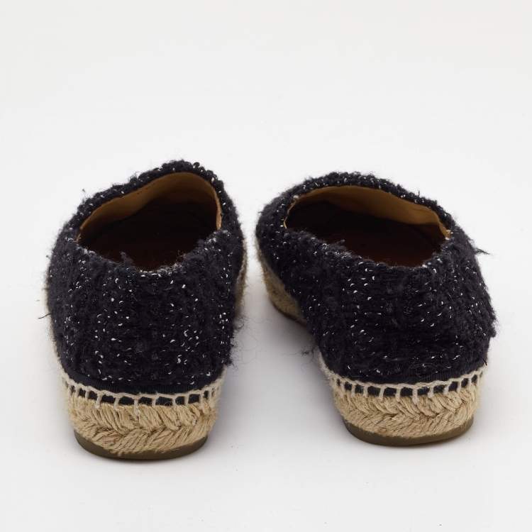 Pre Owned Chanel Black/Sliver Tweed and Leather CC Ballet Flats Size 39