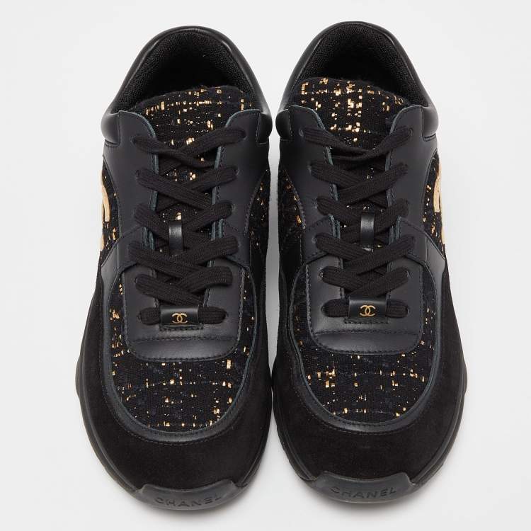 Pre Owned Chanel Black/Gold Tweed,Suede and Leather CC Lace Up Sneakers Size 40.5