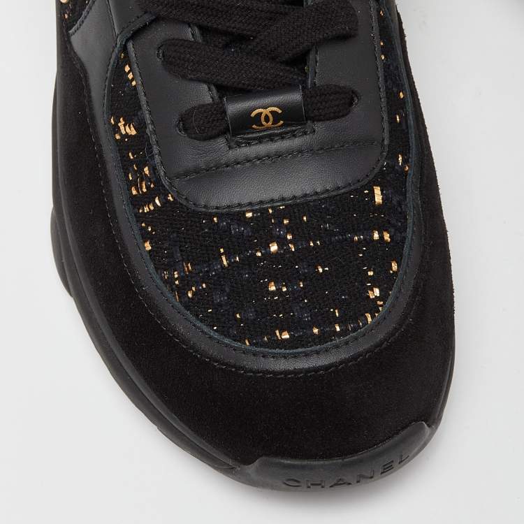 Pre Owned Chanel Black/Gold Tweed,Suede and Leather CC Lace Up Sneakers Size 40.5
