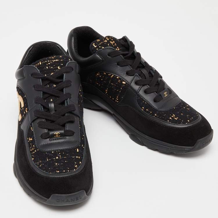 Pre Owned Chanel Black/Gold Tweed,Suede and Leather CC Lace Up Sneakers Size 40.5