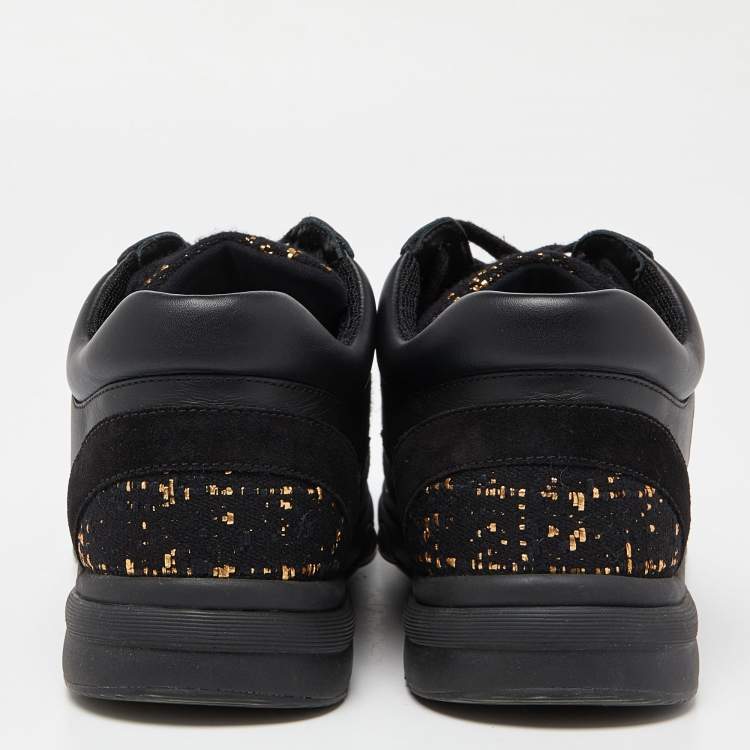 Pre Owned Chanel Black/Gold Tweed,Suede and Leather CC Lace Up Sneakers Size 40.5