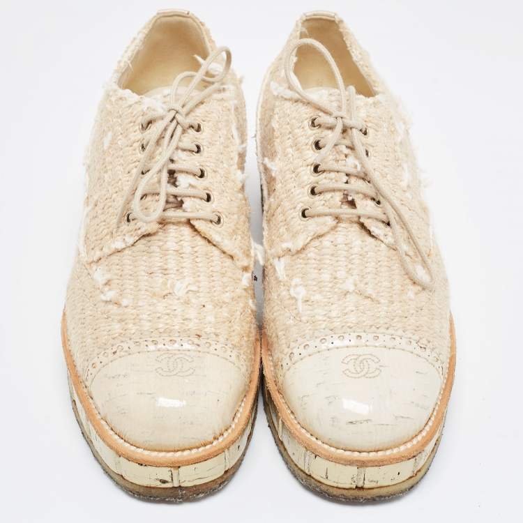 Pre Owned Chanel Beige Jute CC Cap Toe Lace Up Oxfords Size 36