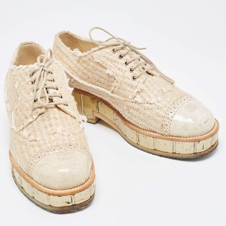 Pre Owned Chanel Beige Jute CC Cap Toe Lace Up Oxfords Size 36