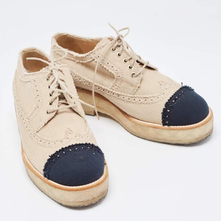 Pre Owned Chanel Beige/Black Brogue Canvas Cap Toe Lace Up Derby Size 36