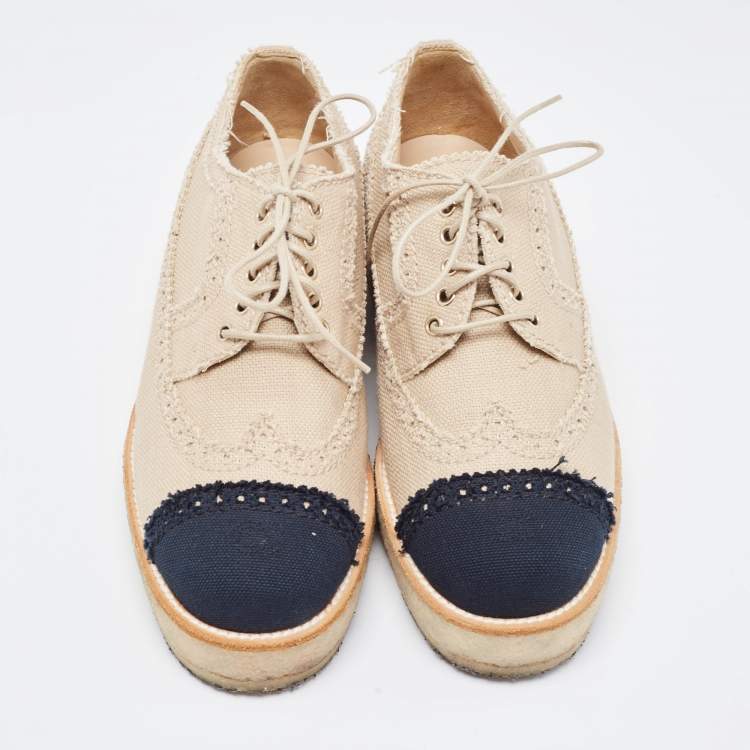 Pre Owned Chanel Beige/Black Brogue Canvas Cap Toe Lace Up Derby Size 36