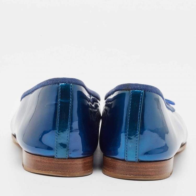 Pre Owned Chanel Two Tone Patent and Leather CC Cap Toe Bow Ballet Flats Size 38