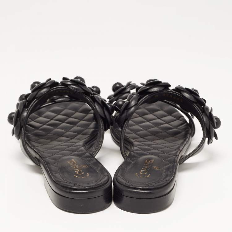 Pre Owned Chanel Black Leather CC Camelia Flat Slides Size 38