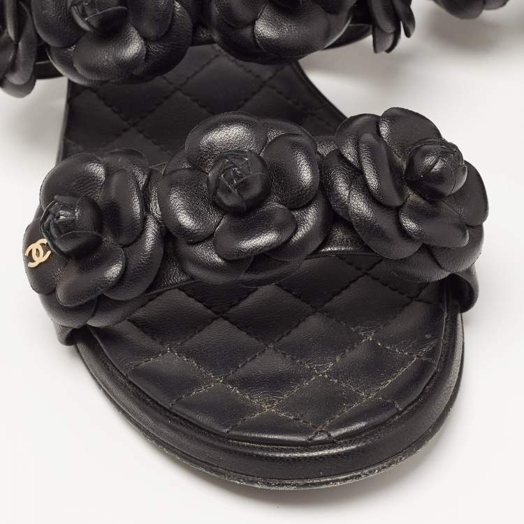 Pre Owned Chanel Black Leather CC Camelia Flat Slides Size 38