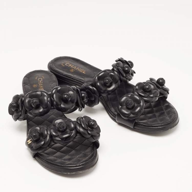 Pre Owned Chanel Black Leather CC Camelia Flat Slides Size 38