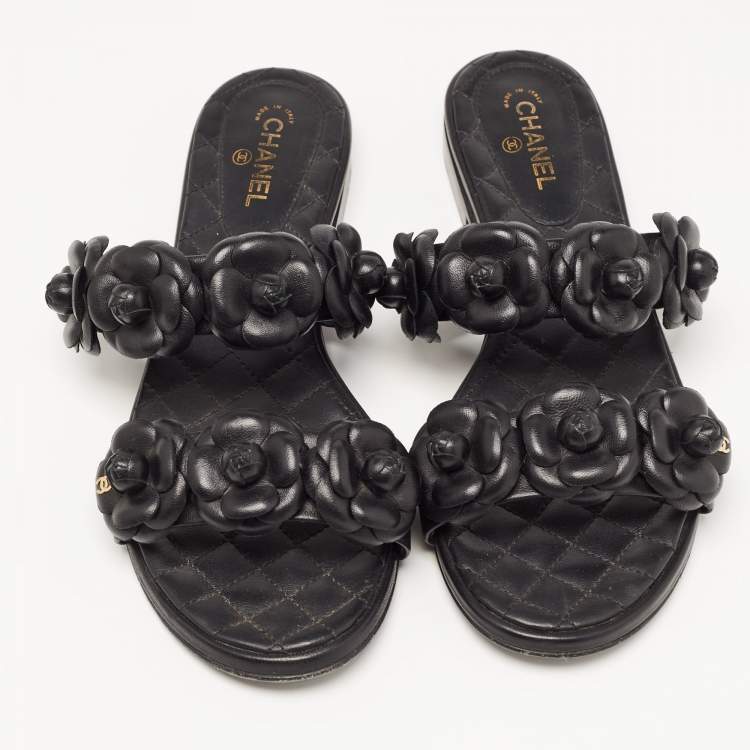 Pre Owned Chanel Black Leather CC Camelia Flat Slides Size 38