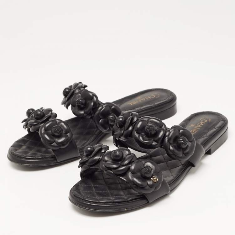 Pre Owned Chanel Black Leather CC Camelia Flat Slides Size 38