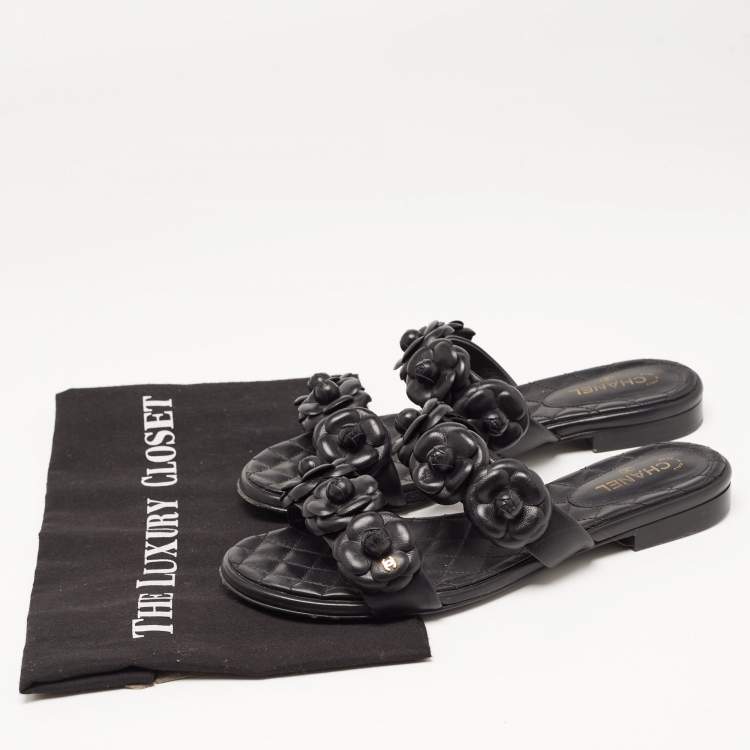 Pre Owned Chanel Black Leather CC Camelia Flat Slides Size 38