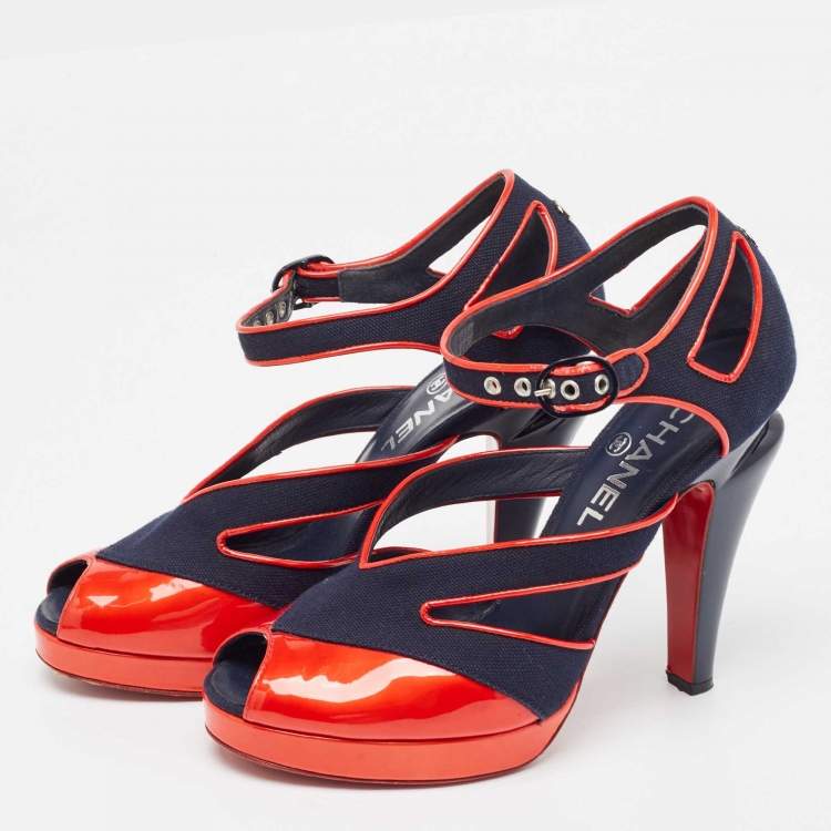 Chanel Navy Blue/Red Canvas and Patent Leather CC Peep Toe Ankle Strap Sandals Size 37