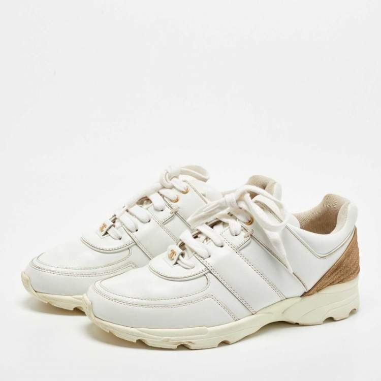 Chanel White/Gold Leather Interlocking CC Low Top Sneakers Size 39
