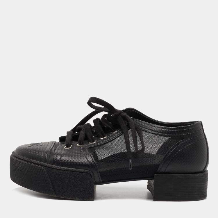 Pre Owned Chanel Black Leather And Mesh Platform Low Top Sneakers Size 37.5