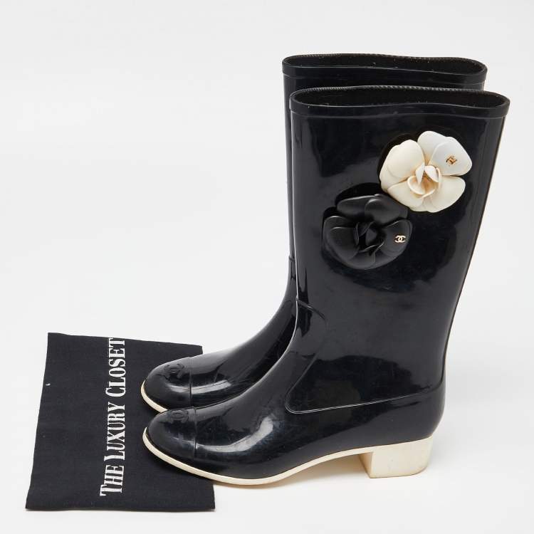 Pre Owned Chanel Black Rubber Camelia Rain Boots Size 38