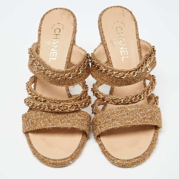 Pre Owned Chanel Gold Tweed Interlocking CC Logo Slide Sandals Size 39