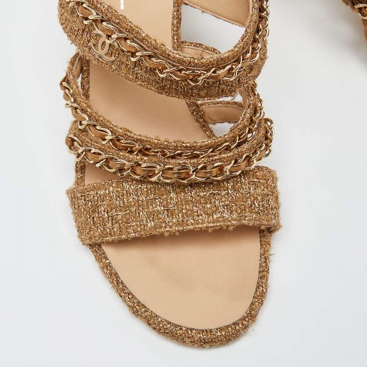 Pre Owned Chanel Gold Tweed Interlocking CC Logo Slide Sandals Size 39
