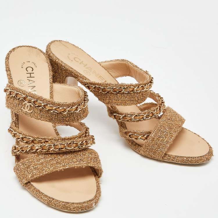 Pre Owned Chanel Gold Tweed Interlocking CC Logo Slide Sandals Size 39