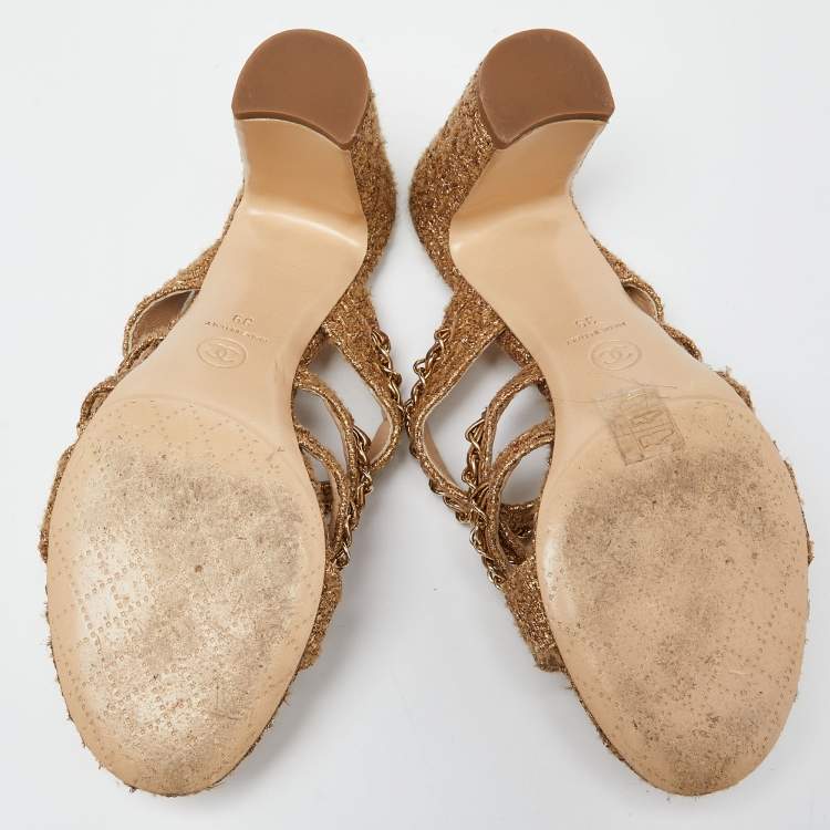Pre Owned Chanel Gold Tweed Interlocking CC Logo Slide Sandals Size 39