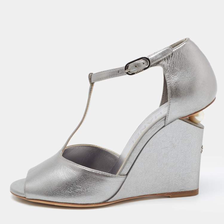 Chanel Metallic Silver Leather Wedge Sandals Size 36.5 Chanel | The Luxury  Closet